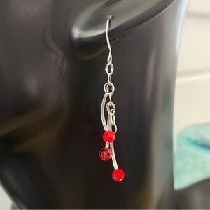2/$29 Handmade Swarovski Crystal Red Bead & Silver Curved Bar Dangle Earrings